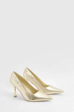 Heels*boohoo Wide Fit Metallic Textured Court Shoes gold