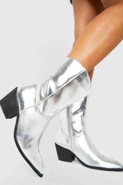 Cowboy Boots|Ankle Boots*boohoo Wide Fit Metallic Western Ankle Cowboy Boots silver