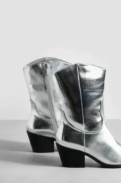 Cowboy Boots|Ankle Boots*boohoo Wide Fit Metallic Western Ankle Cowboy Boots silver