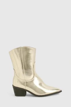 Cowboy Boots|All Boots*boohoo Wide Fit Metallic Western Ankle Cowboy Boots gold