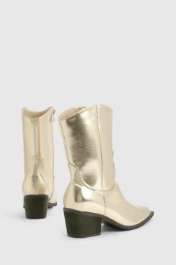 Cowboy Boots|All Boots*boohoo Wide Fit Metallic Western Ankle Cowboy Boots gold