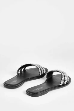 Sandals*boohoo Wide Fit Multi Strap Rhinestone Embellished Sandals black