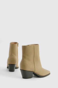 Heels|Cowboy Boots*boohoo Wide Fit Nubuck Low Block Ankle Western Boots taupe