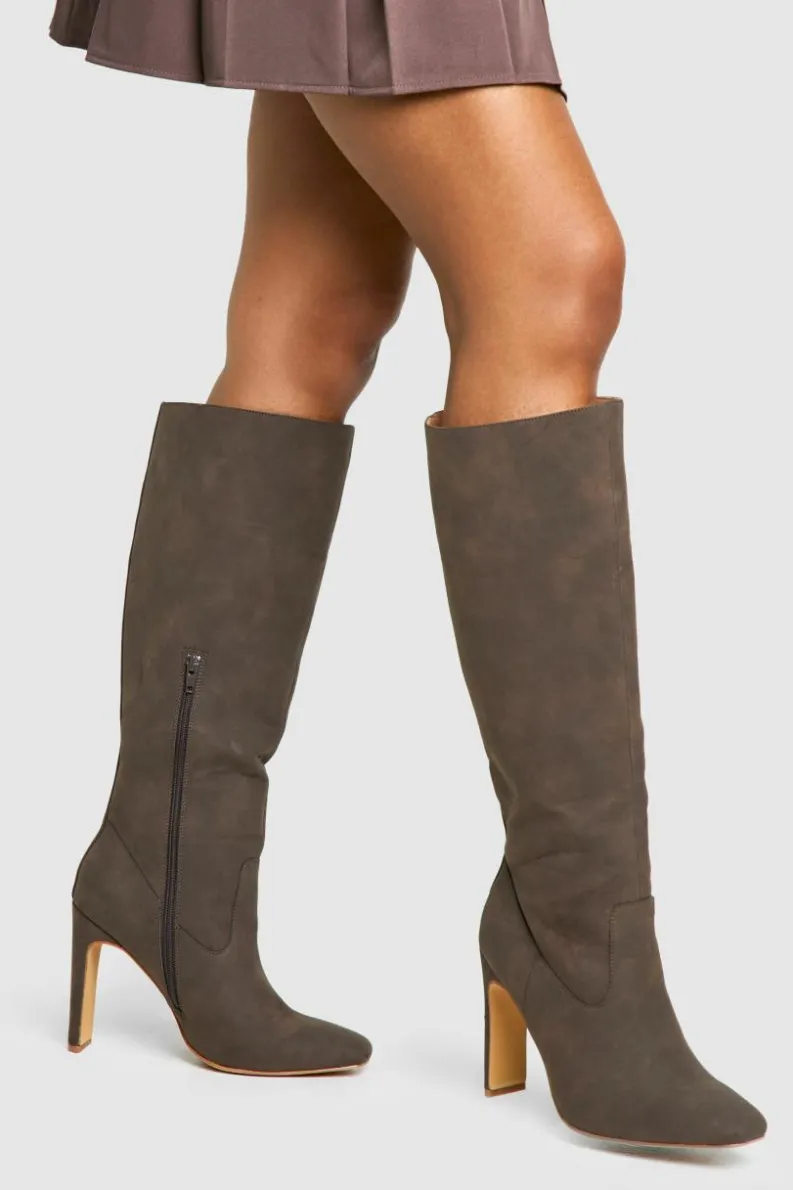 Over The Knee Boots|Heeled Boots*boohoo Wide Fit Nubuck Low Heel Knee High Boots brown