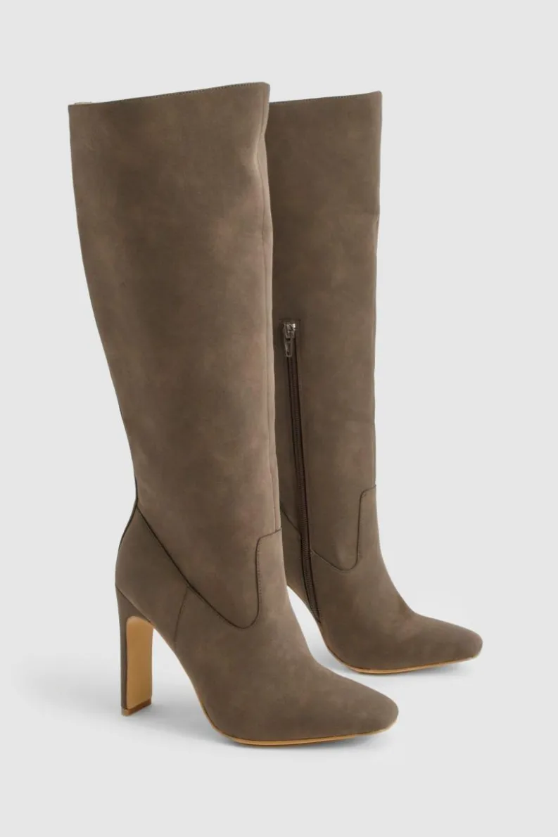 Over The Knee Boots|Heeled Boots*boohoo Wide Fit Nubuck Low Heel Knee High Boots brown