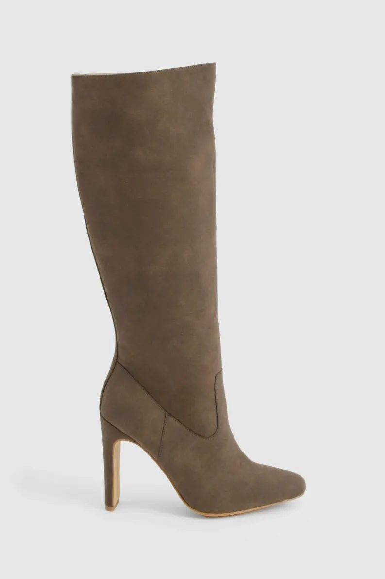 Over The Knee Boots|Heeled Boots*boohoo Wide Fit Nubuck Low Heel Knee High Boots brown