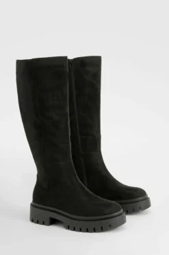 Over The Knee Boots|Knee High Boots*boohoo Wide Fit Panel Detail Chunky Knee High Boot black