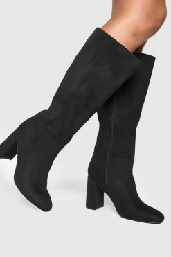 Over The Knee Boots|Knee High Boots*boohoo Wide Fit Panel Detail Heeled Knee High Boots black