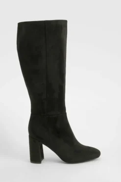 Over The Knee Boots|Knee High Boots*boohoo Wide Fit Panel Detail Heeled Knee High Boots black