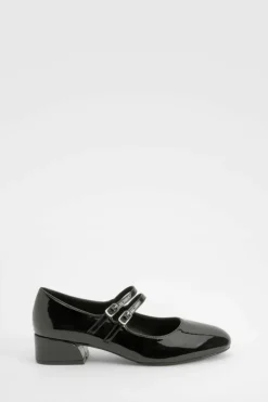 Ballet Flats|Flats*boohoo Wide Fit Patent Double Strap Mary Jane Ballets black