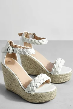 Wedges|Sandals*boohoo Wide Fit Plait Detail 2 Part Espadrille Wedges white