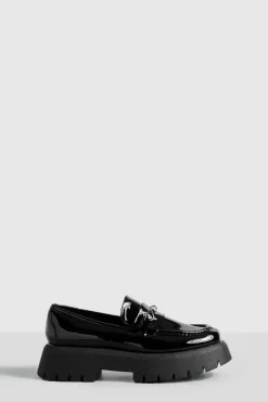 Flats*boohoo Wide Fit Platform Chunky Sole T Bar Loafers black