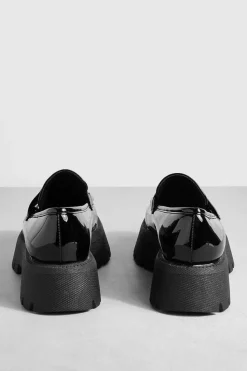 Flats*boohoo Wide Fit Platform Chunky Sole T Bar Loafers black