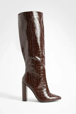 Over The Knee Boots|Knee High Boots*boohoo Wide Fit Pointed Toe Croc Knee High Boot chocolate