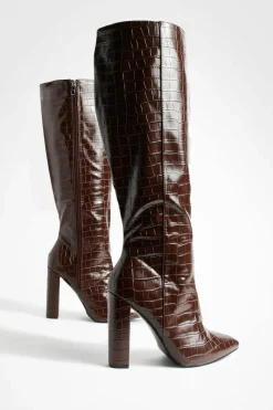 Over The Knee Boots|Knee High Boots*boohoo Wide Fit Pointed Toe Croc Knee High Boot chocolate