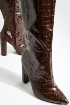 Over The Knee Boots|Knee High Boots*boohoo Wide Fit Pointed Toe Croc Knee High Boot chocolate