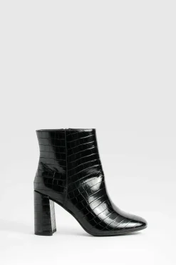 Heels|Heeled Boots*boohoo Wide Fit Round Toe Block Heel Croc Ankle Boots black