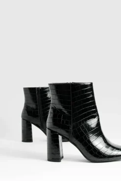 Heels|Heeled Boots*boohoo Wide Fit Round Toe Block Heel Croc Ankle Boots black
