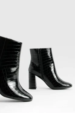 Heels|Heeled Boots*boohoo Wide Fit Round Toe Block Heel Croc Ankle Boots black