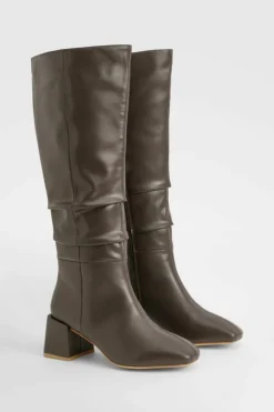 Heels|Over The Knee Boots*boohoo Wide Fit Ruched Block Knee High Boots chocolate