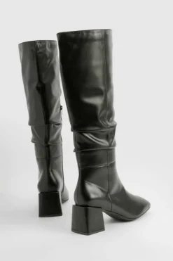 Heels|Over The Knee Boots*boohoo Wide Fit Ruched Block Knee High Boots black