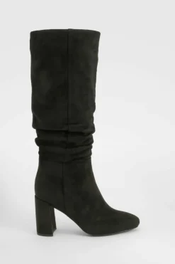 Over The Knee Boots|Heeled Boots*boohoo Wide Fit Ruched Heeled Knee High Boots black