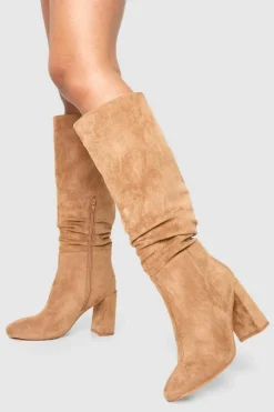 Over The Knee Boots|Knee High Boots*boohoo Wide Fit Ruched Heeled Knee High Boots camel