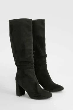 Over The Knee Boots|Knee High Boots*boohoo Wide Fit Ruched Heeled Knee High Boots black