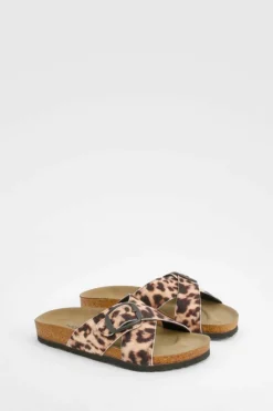 Sandals*boohoo Wide Fit Single Strap Footbed Sliders leopard