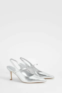Heels*boohoo Wide Fit Slingback Strap Detail Court Shoes silver