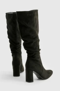 Heels|Over The Knee Boots*boohoo Wide Fit Slouchy Block Heel Knee High Boots black