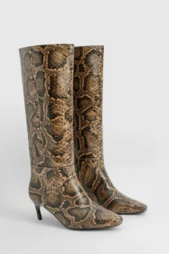 Over The Knee Boots*boohoo Wide Fit Snake Print Low Square Toe Knee High Boots brown