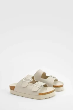 Sandals*boohoo Wide Fit Square Buckle Footbed Sliders ecru