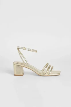 Heels*boohoo Wide Fit Square Toe Triple Strap Low Block Heel Sandals gold