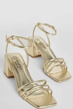 Heels*boohoo Wide Fit Square Toe Triple Strap Low Block Heel Sandals gold