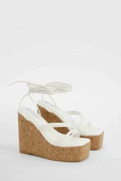 Wedges|Heels*boohoo Wide Fit Strappy Lace Up Cork Wedges white