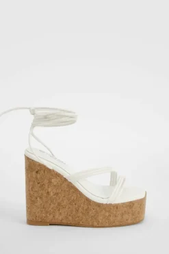 Wedges|Heels*boohoo Wide Fit Strappy Lace Up Cork Wedges white