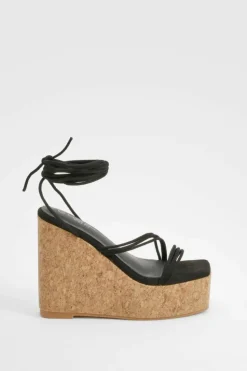 Wedges|Heels*boohoo Wide Fit Strappy Lace Up Cork Wedges black