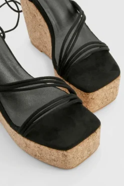 Wedges|Heels*boohoo Wide Fit Strappy Lace Up Cork Wedges black
