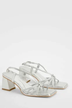 Heels*boohoo Wide Fit Strappy Plaited Block Heel Sandals silver