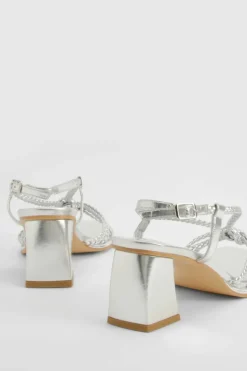 Heels*boohoo Wide Fit Strappy Plaited Block Heel Sandals silver