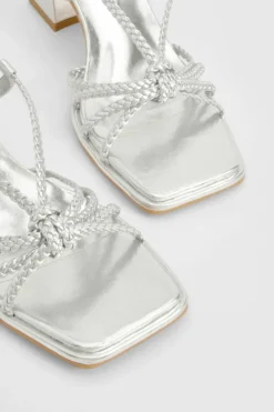 Heels*boohoo Wide Fit Strappy Plaited Block Heel Sandals silver