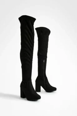 Heels|Over The Knee Boots*boohoo Wide Fit Stretch Block Heel Over The Knee Boots black