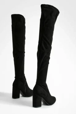 Heels|Over The Knee Boots*boohoo Wide Fit Stretch Block Heel Over The Knee Boots black