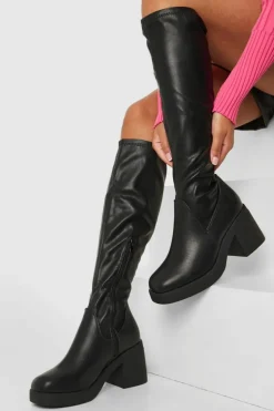 Heels|Calf High Boots*boohoo Wide Fit Stretch Block Heel Calf High Boots black