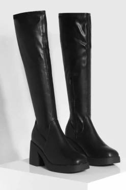 Heels|Calf High Boots*boohoo Wide Fit Stretch Block Heel Calf High Boots black