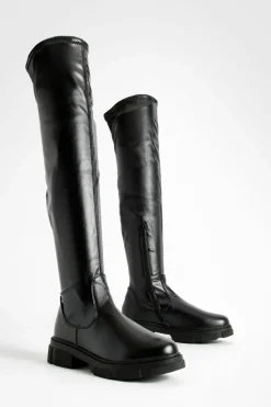 Over The Knee Boots|Knee High Boots*boohoo Wide Fit Stretch Pu Knee High Boots black