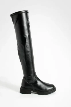 Over The Knee Boots|Knee High Boots*boohoo Wide Fit Stretch Pu Knee High Boots black