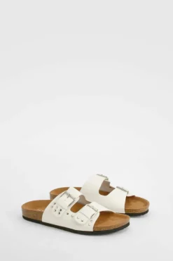 Sandals*boohoo Wide Fit Stud And Buckle Detail Footbed Sliders white