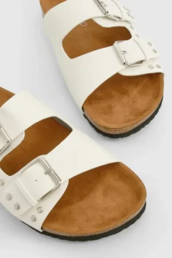 Sandals*boohoo Wide Fit Stud And Buckle Detail Footbed Sliders white